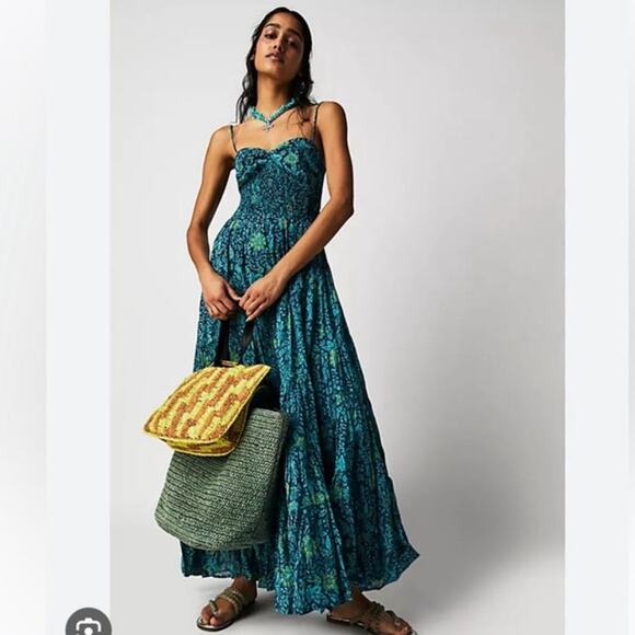 Free People Womens XS Sundrenched Printed Maxi Dress in Neptune Combo Fairy - Picture 1 of 10